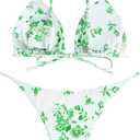 ZAFUL Women's Ditsy Floral Printed Swimsuit Underwired Knotted String Triangle Bikini High Cut Cheeky Bikini Set (X-Large, 132-green)