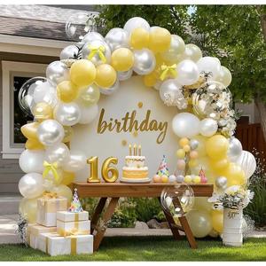 Yellow Balloon Arch Kit, Double Stuffed Pearl White Pastel Light Yellow Balloons with Bow Clear Balloon Arch Kit for Birthday Wedding Bridal Bee Baby Shower Sunflower Lemon Party Decor