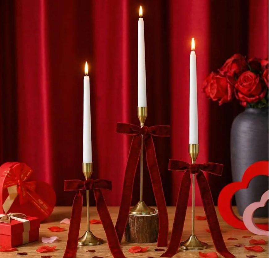 Amyhill 3 Sets Valentines Day Bow Candle Stick Holders with LED Candle and Velvet Red Bows Metal Gold Valentines Taper Holders Modern Decorative Centerpiece for Table Mantel Wedding Gift