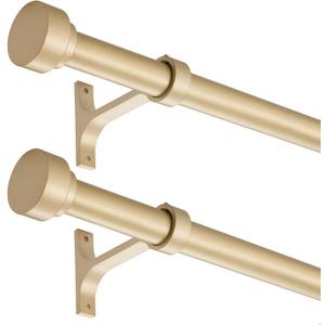 2 Pack Heavy Duty 1 Inch Diameter Single Curtain Rods 36-72 Adjustable Window Curtain Rod with Aluminum Alloy Cylindrical Cap Finials, Wall Mount and Ceiling Mount, Light Gold