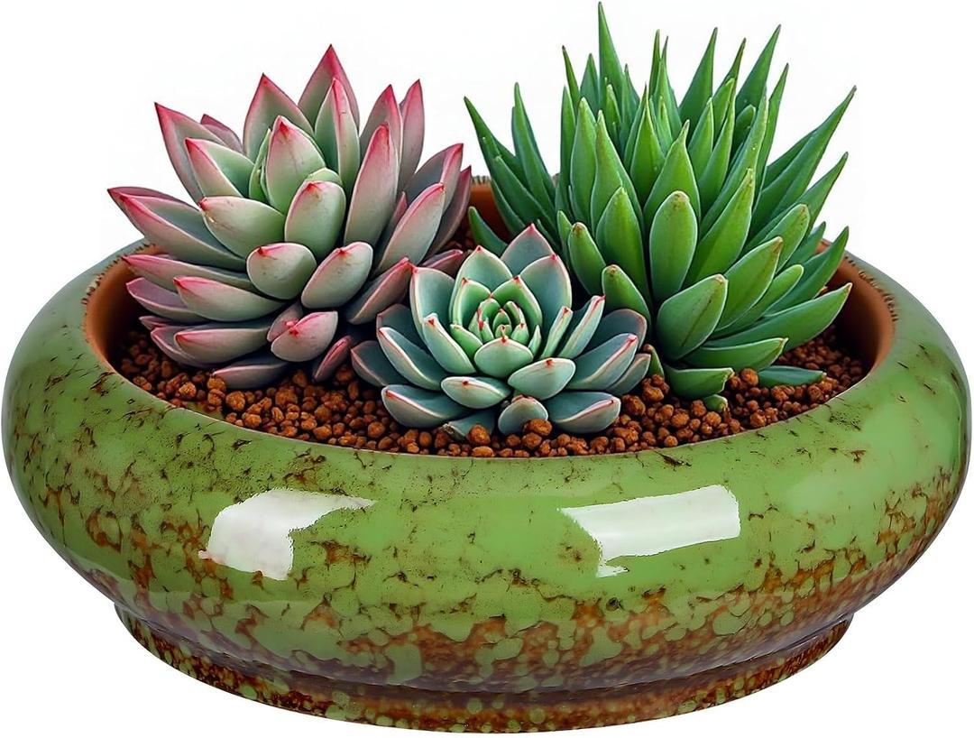 7.3 Inch Succulent Planters Pots Shallow Ceramic Glazed Planter Pots, Lotus Bowl Planter Round Shallow Planter Water Lily Pot for Indoor/Outdoor Plants Decorative (Green