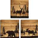 Apicoture Bear Elk Moose Wall Pictures Forest Landscape Hunting Theme Woodland Animal Painting Framed Canvas Artwork Farmhouse Wall Decor 12"x12"x3 Panels