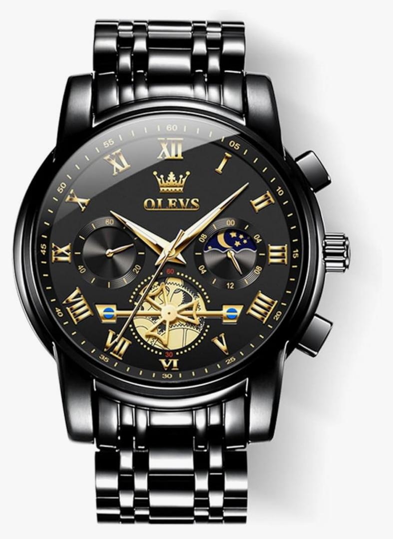 OLEVS Watches Men Waterproof Luxury Big Face Mens Watch Stainless Steel Quartz Analog Dress Watches for Men Luminous Multifunction Man Watch Relojes De Hombre, Black Stainless Steel 