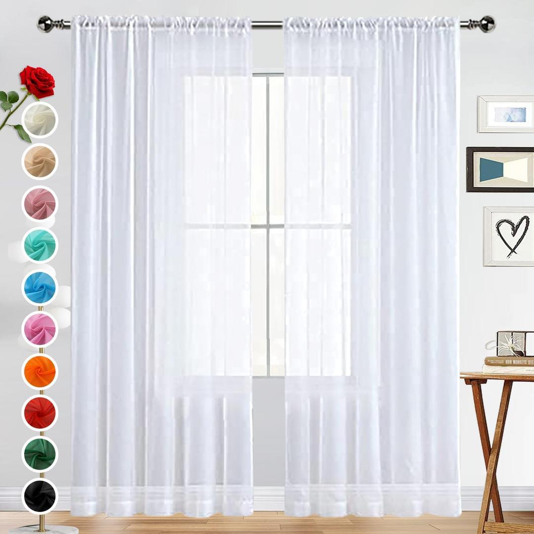 SpaceDresser Basic Rod Pocket Sheer Voile Window Curtain Panels White 1 Pair 2 Panels 52 Width 72 Inch Long for Kitchen Bedroom Children Living Room Yard(White,52 W x 72 L)