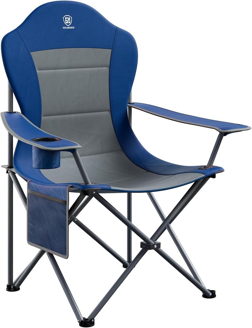 EVER ADVANCED High Back Folding Camping Chair Oversized and Fully Padded, Portable Quad Camp Lawn Chair Up to 300 lbs, with Cup Holder Armrest Carrying Bag, Grey