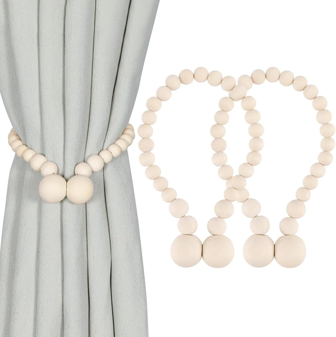 KLOGTSIND Magnetic Curtain Tiebacks, Curtain Holdbacks for Curtains 2 Pack, Wood Bead Curtain Holders for Boho Bedroom Decor, Baby Nursery Decor, Farmhouse Decor