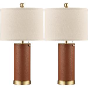 KDG 23.4" Brown PU Leather Table Lamps for Living Room Set of 2, E26 Socket LED Modern Home Decor Fabric Lampshade Desk Lamp Lighitng for Bedroom, Bedside, Farmhouse, Nightstand, Night Light