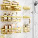 Veken Adhesive Shower Caddy 6-Pack,Gifts for Women Mom,Heavy Weight Bearing,Large Wall Mounted Bathroom Shelves Rack,Organizer Storage Accessories with Soap Dish&Toothbrush Holder,Bright Gold (6-Piece Set)
