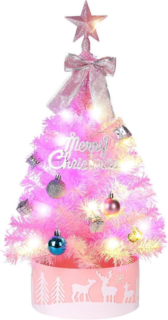 2FT Pre-lit Small Christmas Tree with Lights, Pink Small Christmas Tree with Balls & Star Topper, 3 Lighting Modes Tabletop Xmas Trees for Home, Office, Indoor Decor (Battery Not Included)