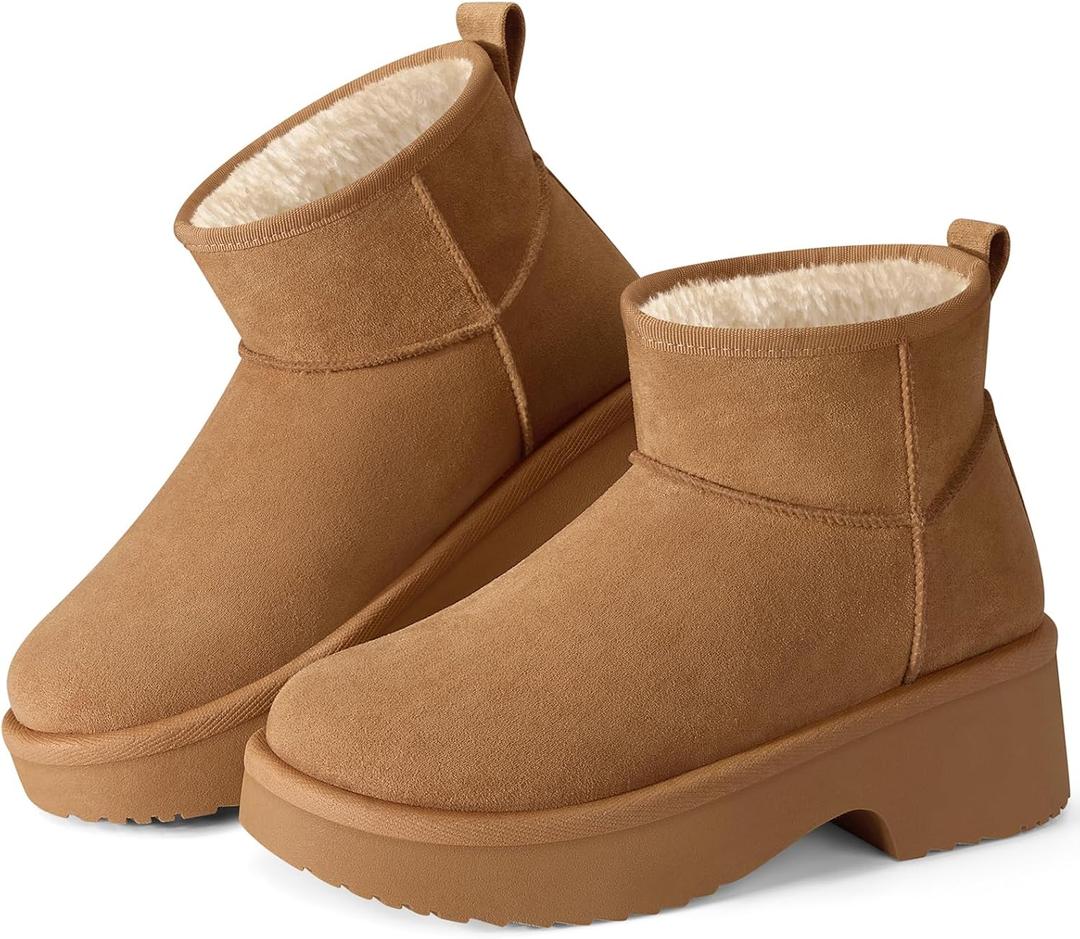 SHIBEVER Winter Ankle Boots Women Platform Suede Snow Booties Warm Fur Anti-Slip Waterproof Comfortable Outdoor Shoes (Brown)