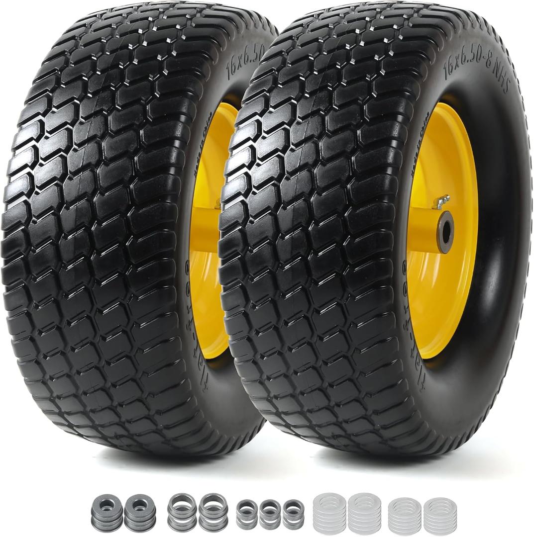 AR-PRO (2-Pack) 16x6.50-8 Flat-Free Tire and Wheel Assembly, Solid Riding Mower Lawn Tractor Tire, 3" Offset Hub, 3/4" Bushings, Perfect for Garden Tractors & Yard Equipment
