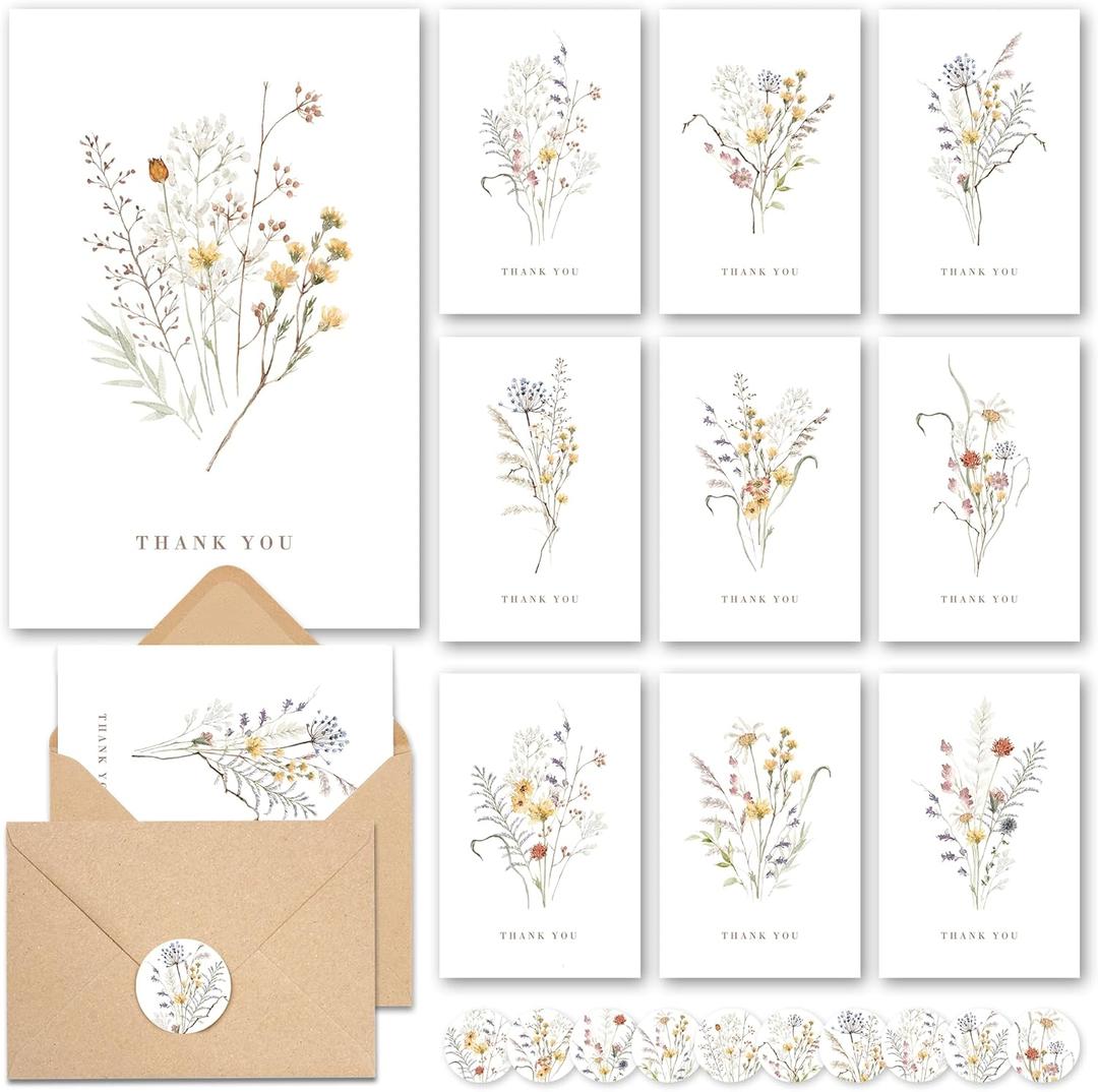 AUDREE Wildflower Thank You Cards with Envelopes (20 pack 4"x6") - Floral Thank You Cards with Adhesive Envelope & Matching Stickers - Gifts for Birthday, Wedding, Bridal Showers, Baby Showers
