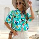 Women's Hawaiian Shirts Soft Cool Hawaiian Outfits Tropical Botanical Print Beach Vacation Clothes Summer Tops Button Up (L)