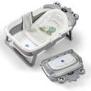 Baby Bathtub, Collapsible Baby Bath Tub with Soft Cushion & Thermometer, Space Saving Foldable & Travel Newborn Bathtub for Infant to Toddler 0-36 Months, Frog Gray