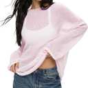 Cioatin Women Oversized Long Sleeve Sheer Mesh Knit Sweater Tops Y2K Summer Loose Hollow Out Pullover Jumper Shirt Beach Pink, Medium (Pink, M)