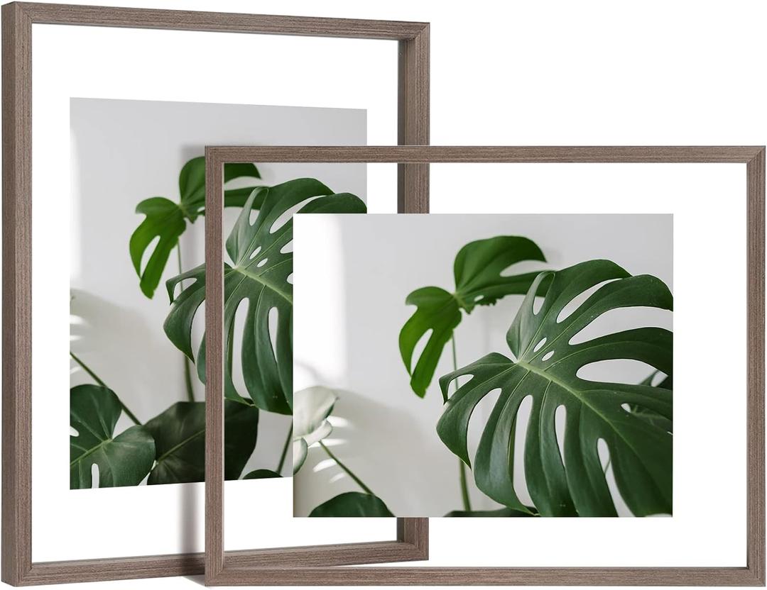 Egofine 11x14 Floating Frames Set of 2, Double Plexiglass Picture Frame, Made of Solid Wood Display Any Size Photo up to 11x14, Wall Mount or Tabletop Standing, Brown