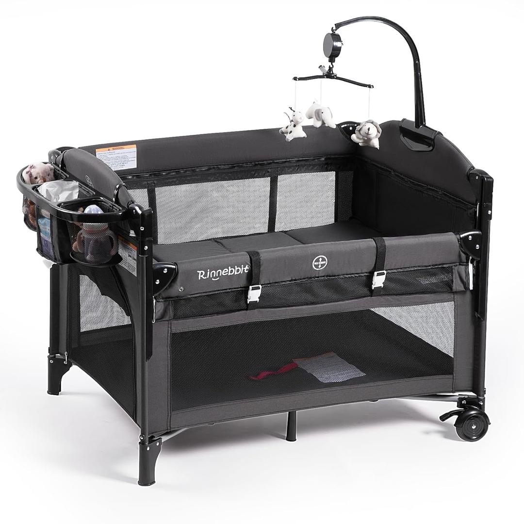 Baby Bassinets Bedside Sleeper, 4 in 1 Portable Bedside Crib w/Mattress, Diaper Changer, Storage Basket, Music Box, Carry Bag, Foldable Playard Sleeper for Newborn (Black)