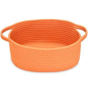 ABenkle Small Basket, 12"x 8" x 5" Cute Small Woven Basket, Rope Room Shelf Storage Basket, Cat Dog Toys Basket Chest Box, Decorative Empty Gift Basket with Handles - All Orange