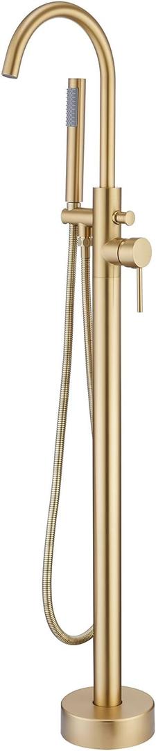 TapLong Brushed Gold Floor Mounted Tub Filler Shower Faucet Freestanding Bathtub Faucet with Hand shower High Flow Rate Free Standing Tub Faucet-51015BG