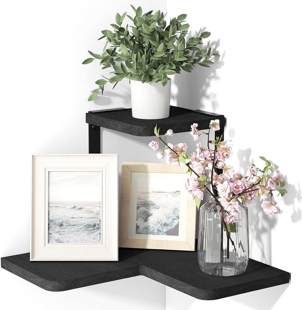 SRIWATANA Rustic Corner Shelf Wall Mounted, 2-Tier Floating Wall Shelves for Bedroom, Living Room, Bathroom, Black (Weathered Black)