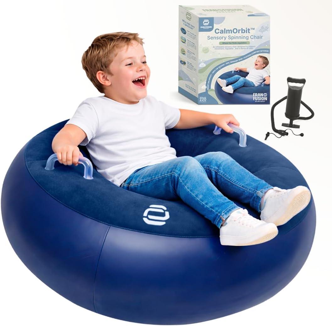 CalmOrbit Inflatable Sensory Spinning Chair for Kids, Sensory Toys for Kids with Autism & ADHD, Giftable 360 Spin Rocking Chair, Kids Sensory Chair, Autism Sensory Products for body coordination, Blue