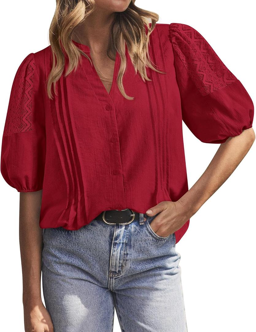 BTFBM Women's Lace Puff Sleeve Tops 2025 Summer V Neck Casual Button Down Shirts Loose Dressy Work Business Blouse Top (X-Large, Red)