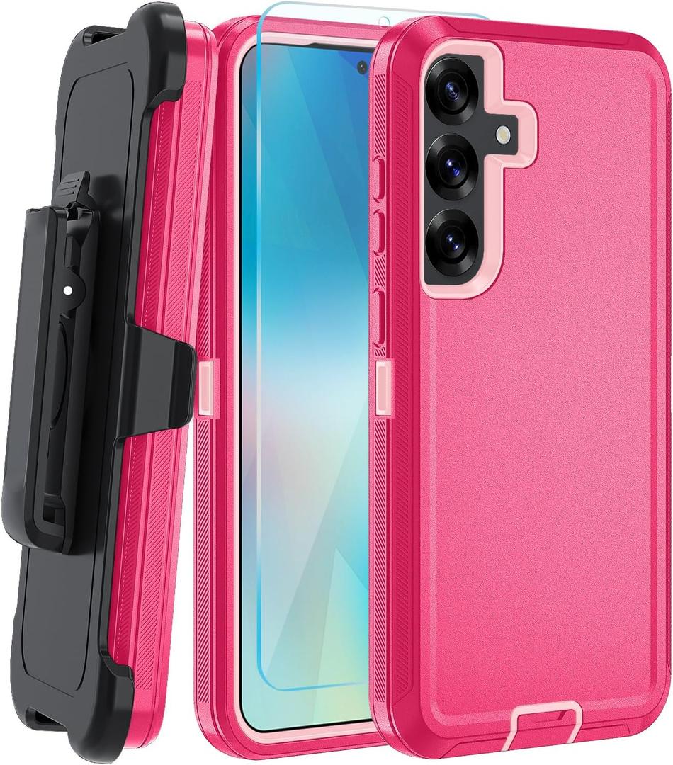for Samsung Galaxy S26 Plus Case, with HD Tempered Glass Screen Protector, Heavy Duty Shockproof Drop Protective Rugged Tough Durable Phone Cover (with Belt Clip-Pink/Pink)