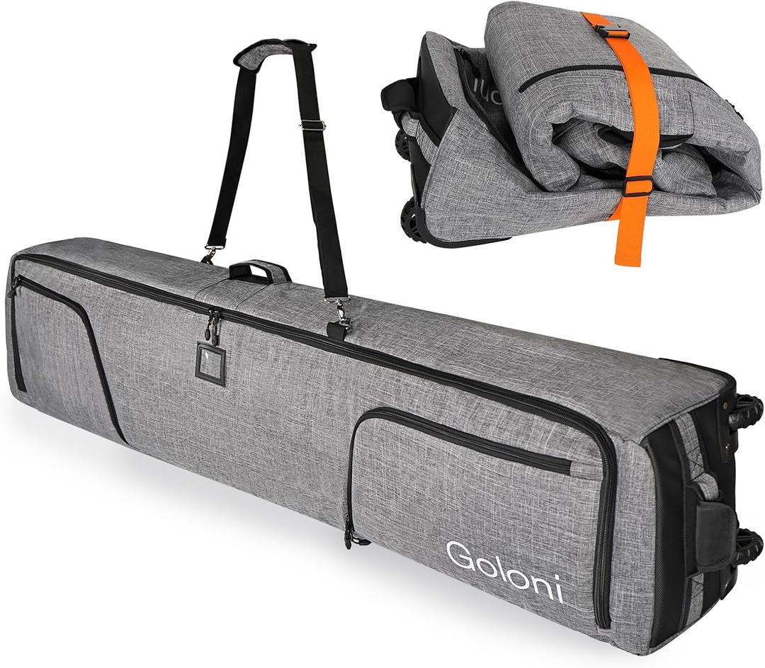 Goloni Ski Bag with Wheels, Padded Snowboard Bag for Air Travel,600D Waterproof Fabric, Foldable Snow Bag Fits 2 Pairs Skis Up to 190cm, Grey