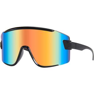 Karsaer Vision Big Shield Wraparound Sunglasses Rave for Men Women Neon Sun Visor Glasses Cycling Ski Shades 80s 90s (Red Rainbow Mirror)