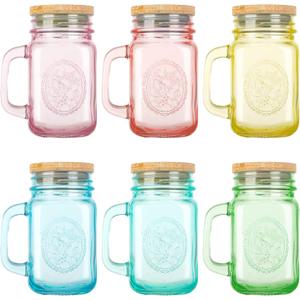 16 oz Glasses Cups Set - 6 Pack Wide Mouth Tumbler with Leakproof Bamboo Lids & Metal Straws, Colorful Jar drinking Glasses Tumblers with Handle for Iced Coffee, Juice and Smoothie