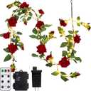 Artificial Rose Vines with Lights Decor, 6ft Red Rose Garland with Remote Control for Wedding Decor - 19 Fake Silk Roses Flowers 80pcs Warm White Led - Fairy Light with Vines for Home Room Party Shelf