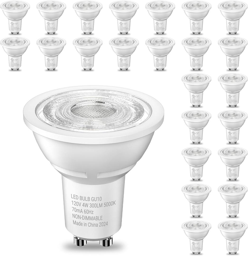 TJOY LED GU10 Light Bulbs 24 Pack, 5000K Daylight White GU10 Replacement for Recessed Track Lighting, 35W Equivalent, Non-Dimmable, 4W, 300LM LED Bulb for Kitchen, Range Hood