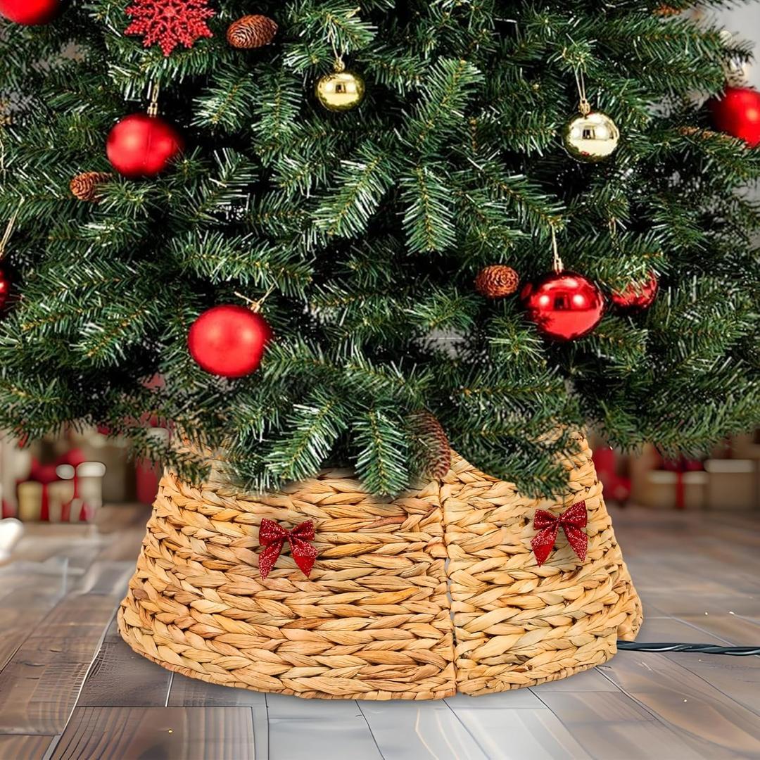 VBNVBN Rattan Christmas Tree Collar 24in Rustic Farmhouse Tree Skirt Christmas Tree Ring with Bow Hand Woven Hyacinth Base Cover for Christmas Decoration Accessory for Home, Living Room(Large)