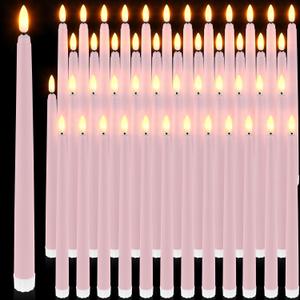 Handepo 48 Pack Flameless Taper Candles Realistic with Yellow Flickering Candlelights Plastic 11 Inch Last Long Battery Operated Window Candlestick for Halloween Christmas(Pink)