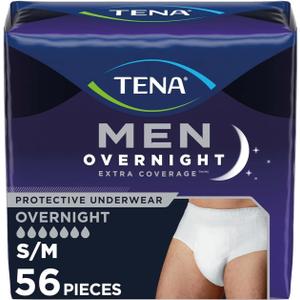 Tena Men Overnight Extra Coverage Incontinence Underwear, Masculine and Discreet, S/M, 56 Count (Waist Size 34in-50in)