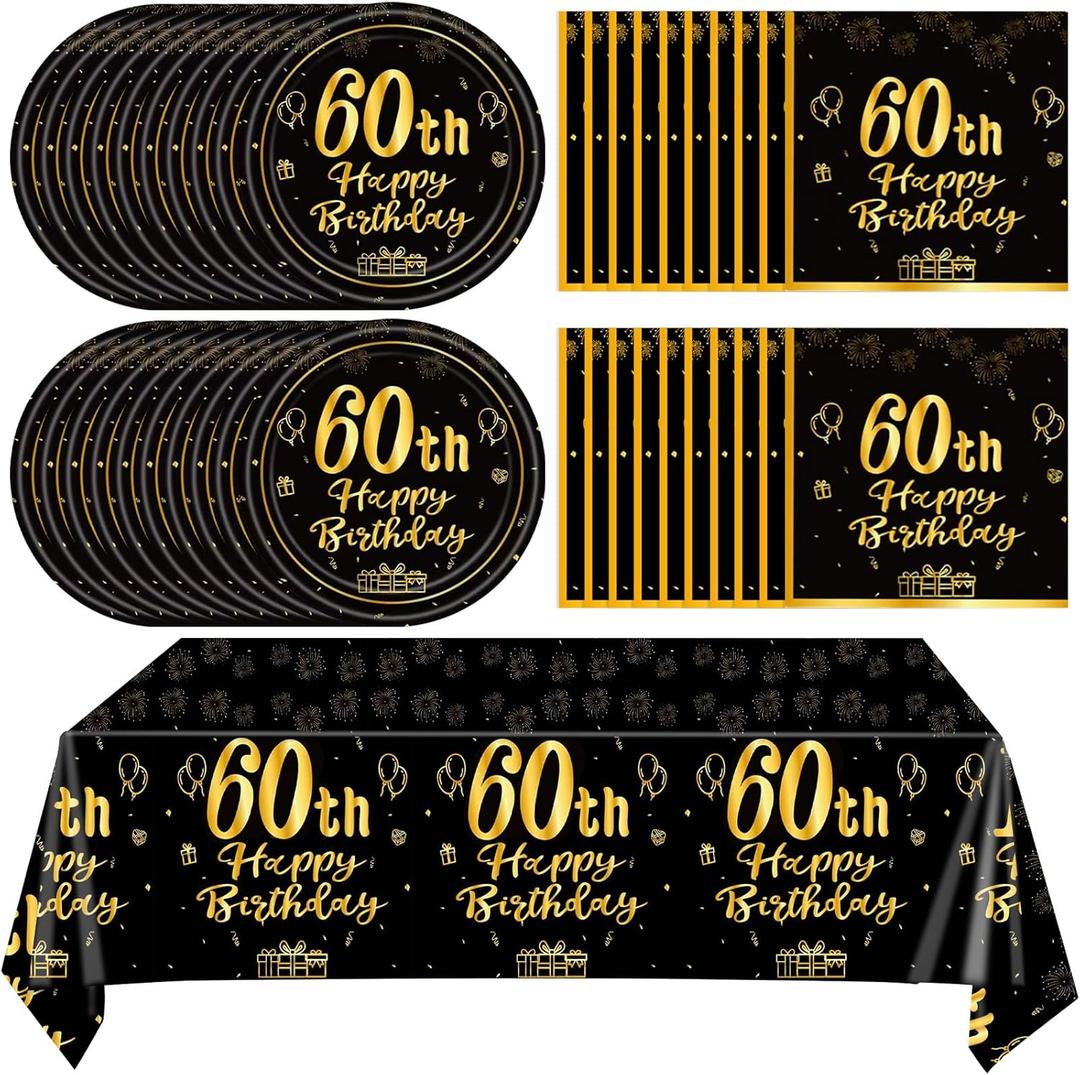 41Pcs 60th Birthday Party Decorations for Men Women, Black Gold Happy 60th Birthday Supplies with 20 Plates, 20 Napkins and 1 Tablecloth, 60 Years Old Party Disposable Tableware Kit for Him Her