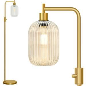 Upgraded Dimmable Glass Floor Lamp for Living Room, Modern Gold Standing Lamp with Clear Ribbed Glass Lampshade & Knob Dimmer, Arc Tall Lamp for Bedroom Office Reading Room, 2700K Led Bulb Included