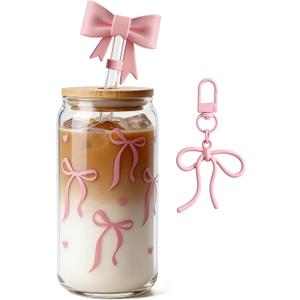 Mason Life Bow Glass Cup 18 OZ with Designs, Pink Bow Cup for Preppy Stuff, Cute Tumbler with Straw Cover & Keychain for Women Teen Girls Iced Coffee, Matcha and Smoothies