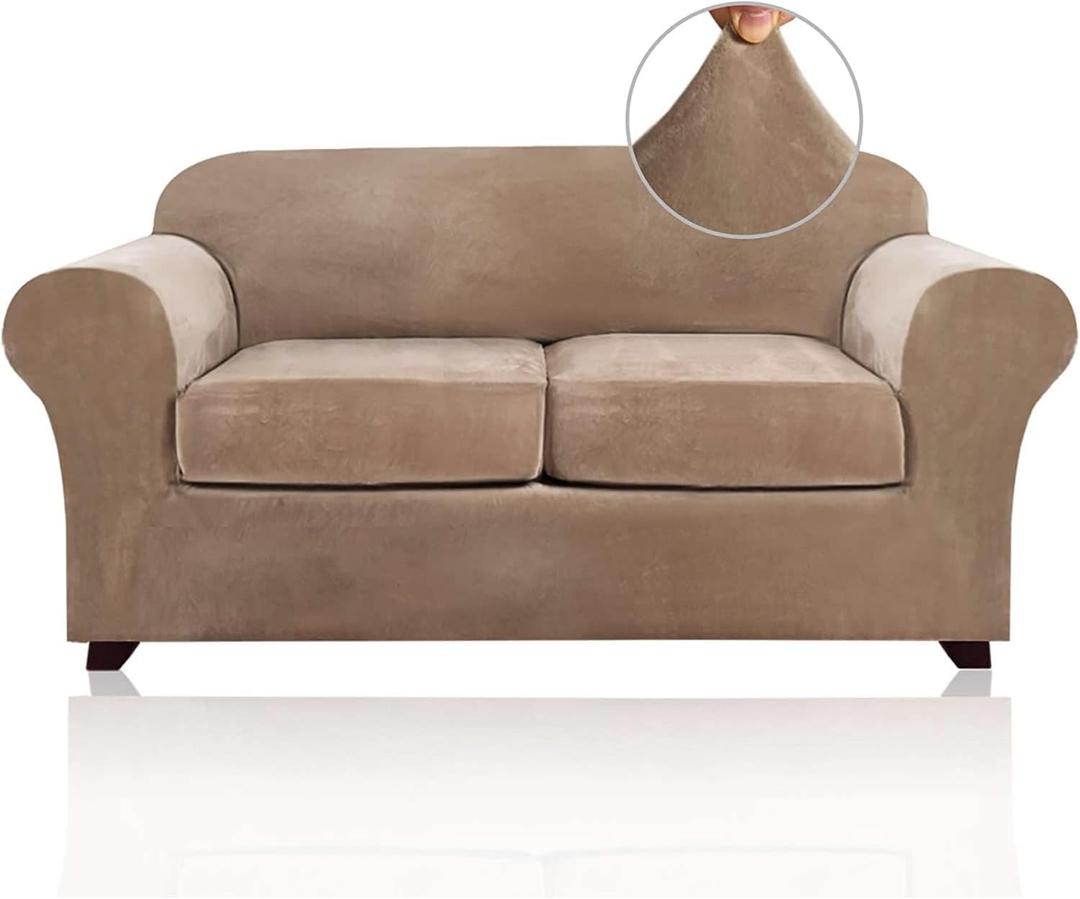 PrinceDeco Velvet Couch Cover Loveseat Covers for 2 Cushion Couch 3 Piece Sofa Covers for Dogs Washable Loveseat Covers Width Up to 72 Inch No Slip Stretch Sofa Slipcover(Medium, Camel)