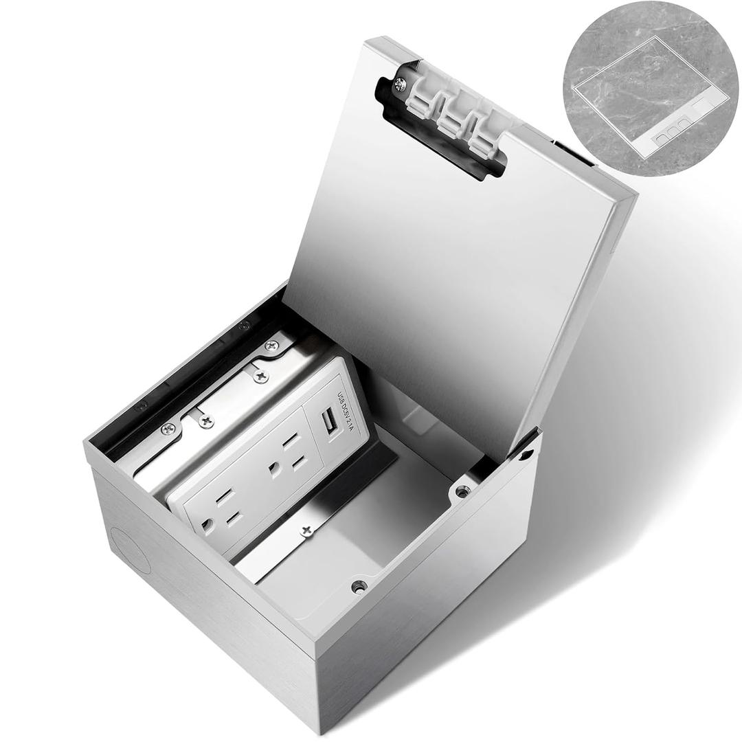 Recessed Flat Hidden Floor Electrical Outlet Kit, Hidden Duplex 2 * 15A Tamper-Resistant Receptacle Outlet and 2.1A USB Port, Waterproof Electrical Outlet Cover Box, Silver