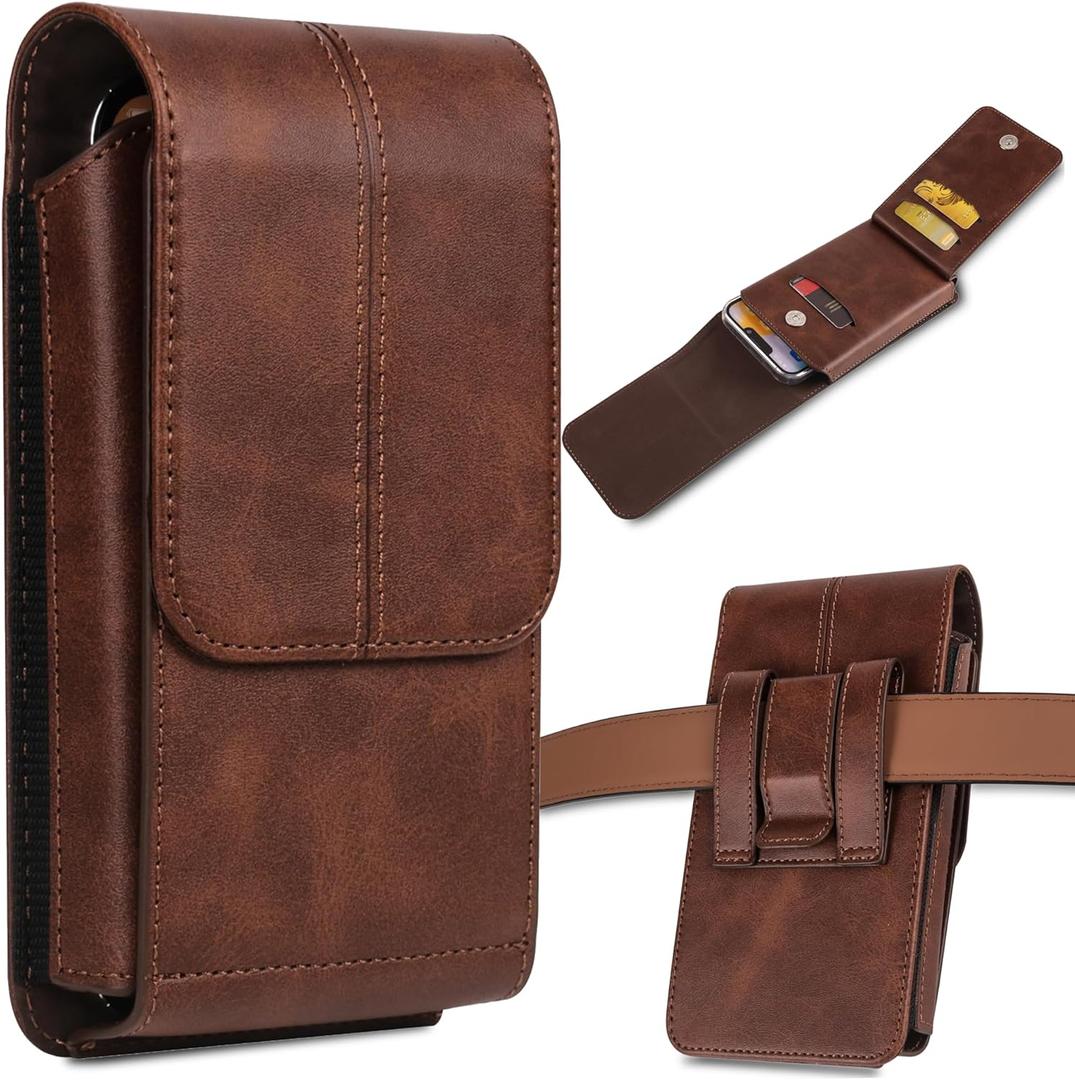 Phone Pouch Leather Belt Holster Case with Card Holder, Compatible with iPhone 15 Pro Max, 15 Plus,14 Pro Max, 14 Plus, 13 Pro Max, 12 Pro Max, 11 Pro Max, XS Max, Brown (Large)