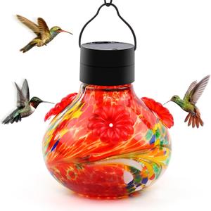 SAVENNA Hand Blown Glass Solar Hummingbird Feeder with Soft Night Light,17oz Leak-Proof Decorative Feeder for Outdoor Garden Patio Yard Ruby Red Phoenix Swirl