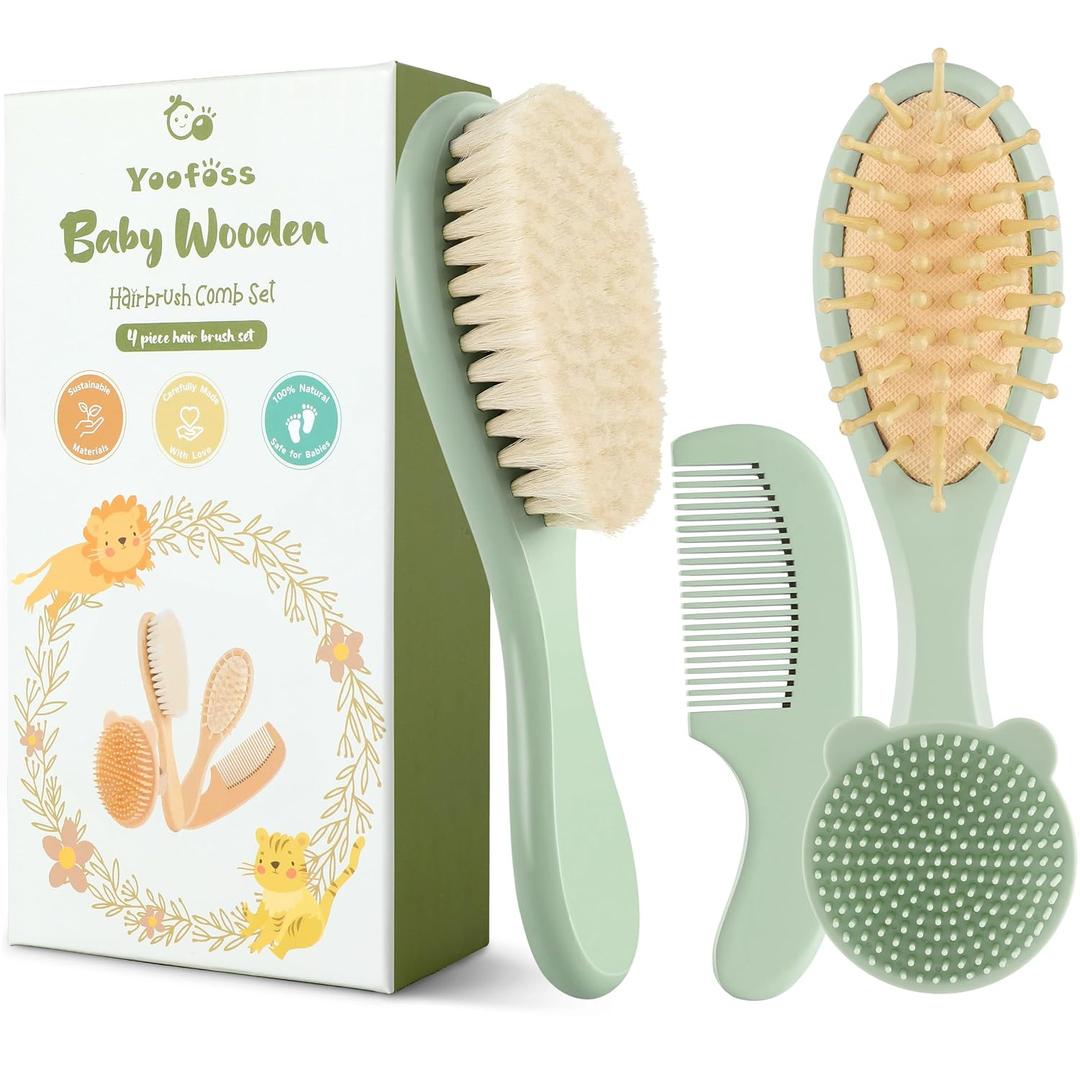Yoofoss 4 Piece Baby Hair Brush and Comb SetWooden Baby Hair Brush with Natural Ultra Soft Goat Hair, Baby Comb Set for Boy, Girl - Green