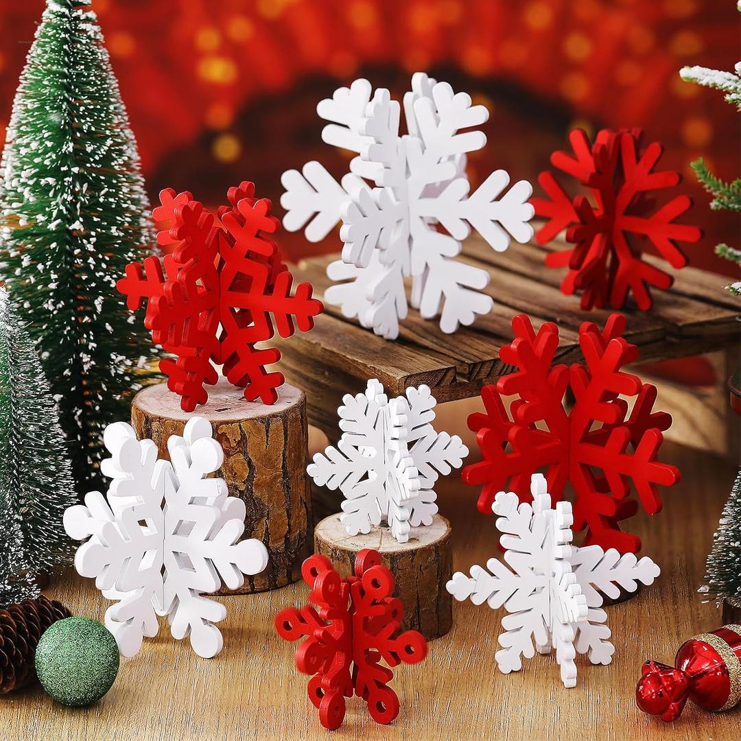 Wenqik 16 Pcs Winter Wooden Snowflake Decor Christmas Winter Snowflake Tabletop Decorations 3D Snow Table Signs Standing Centerpiece Xmas Tiered Tray Decorations for Party(Red White)