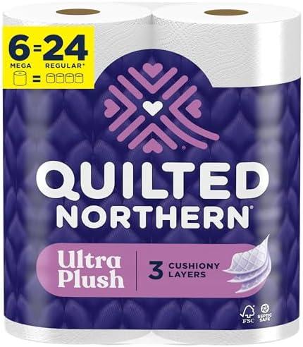 Pack of 2 Quilted Northern Ultra Plush Toilet Paper, 6 Mega Rolls = 24 Regular Rolls, 3X Thicker*, 3 Ply Soft Toilet Tissue