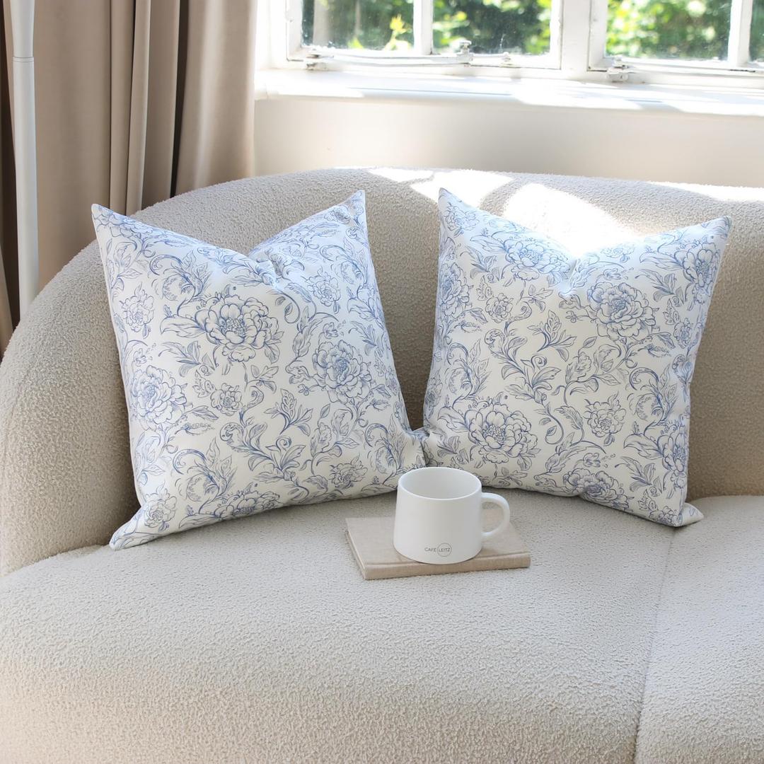 Juto 100% Cotton French Country Floral Throw Pillow Covers, Blue White 20x20 inch Farmhouse Chinoiserie Decorative Cushion Covers for Couch Bed Living Room, Pack of 2