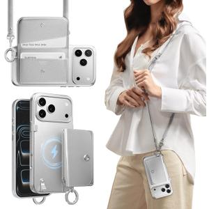 MAGEASY Pouch MagSafe Wallet Case for iPhone 17 Pro Max, Detachable Magnetic Crossbody Case with Strap Adjustable, Drop Protection Leather Purse Case, RFID Blocking Card Holder Coin Pocket (Silver)