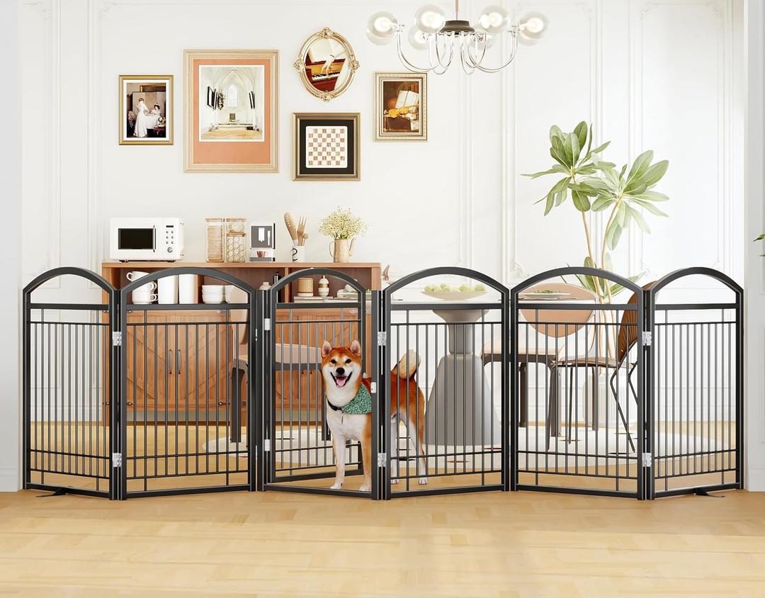 Folding No-Assembly Metal Freestanding Dog Gate with Door Walk Through,32" Height Pet Fence,144" Extra Wide Accordion Puppy Folding Playpen for Doorways,House,Stairs (6 Panels,Black)