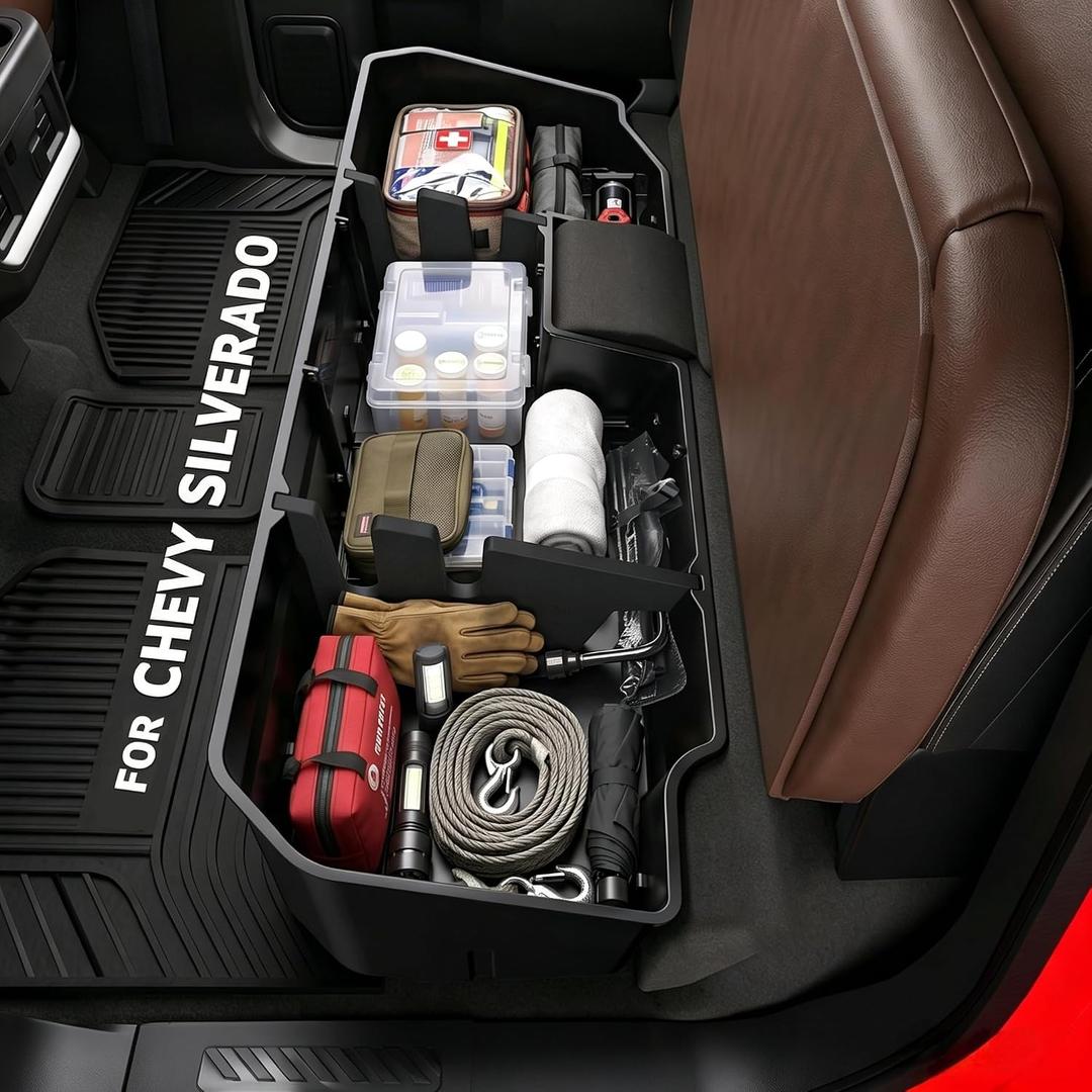 Under Seat Storage Box: Fit for 2019-2026 Chevy Silverado 1500/GMC Sierra 1500, 2020-2026 Silverado/Sierra 2500HD/3500HD | Double & Crew Cab Rear Underseat Organizer Box