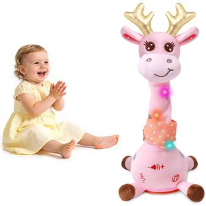 LLUKEME Dancing Talking Giraffe with Golden Antlers Toy, Stuffed Animal Baby Toy Repeating What You Say, Glowing Musical Electronic Giraffe with Golden Anlters Gifts for Toddlers 1-3 Years Old (Pink)